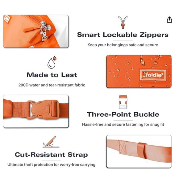 Foldie Unisex Neon Orange Lightweight Fanny Pack Adjustable Strap Waist Bag 2732 - Picture 8 of 16